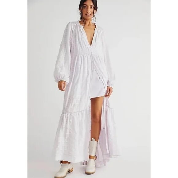 Free People NWOT Gauze Edie Plaid Button Front Maxi Dress Size XS White - Picture 2 of 13